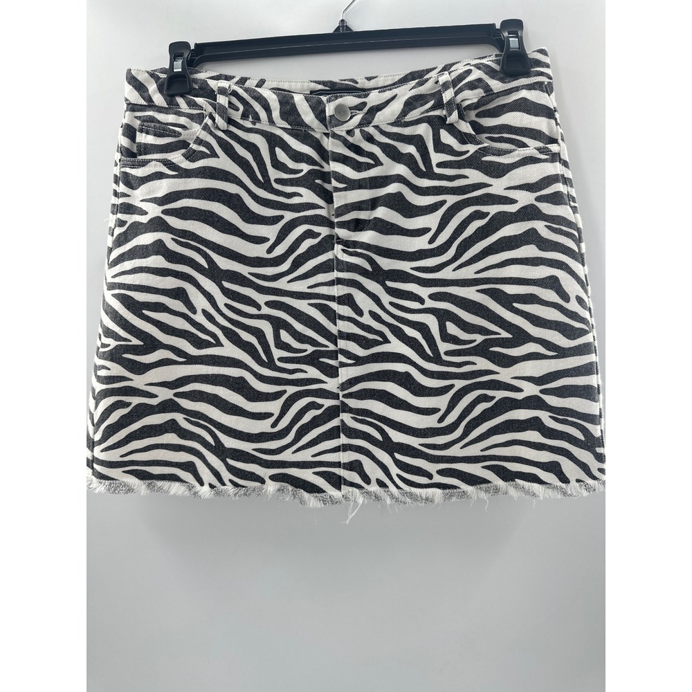 Swagger Zebra Print Denim Mini Skirt Black White Animal Pattern Frayed Hem Large